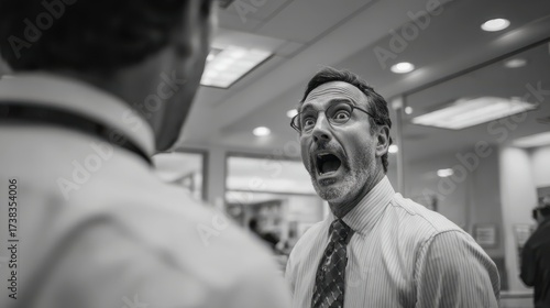Intense business discussion office environment black and white image emotional response close-up viewpoint