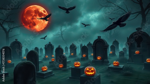 A spooky halloween graveyard scene with a red moon and flying crows