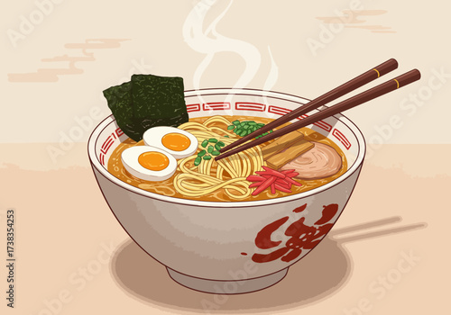 Steaming Bowl of Ramen with Toppings and Chopsticks Illustration.