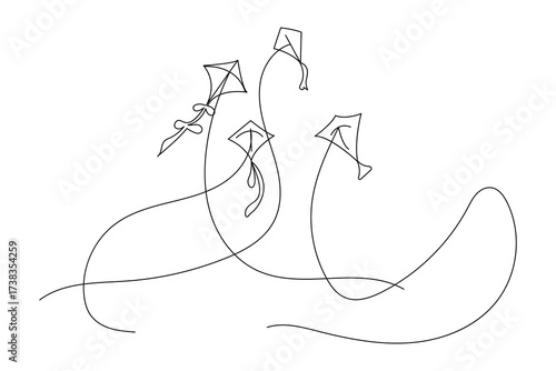Minimalist one line art of kites flying in the sky with birds and a boy holding string. Simple outline sketch for design, print, and illustration