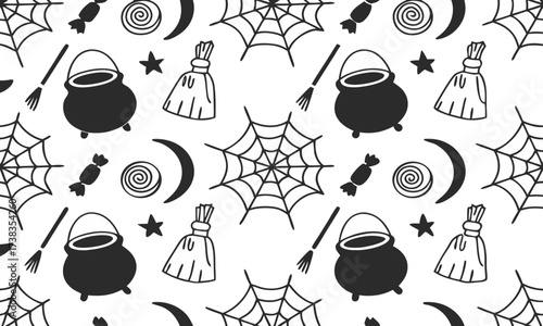 Halloween Seamless Pattern, Hand-Drawn Black and White Seamless Halloween Doodle Pattern with Ghosts, Spider Webs, Broomsticks, Candies, Stars, and Spooky Elements for Cute Holiday Decor and Creative 