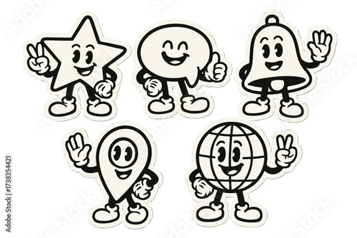 Set of retro cartoon mascots. Funny comic characters with gloved hands. Vintage 30s groovy web icons: star, bubble, bell, geotag, globe. Black and white vector stickers.