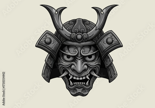 Detailed Samurai Mask Illustration with Horns and Intricate Design.