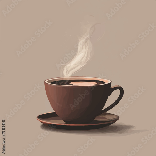 Aromatic dark coffee in brown ceramic cup with rising steam artistic style illustration for beverage concepts