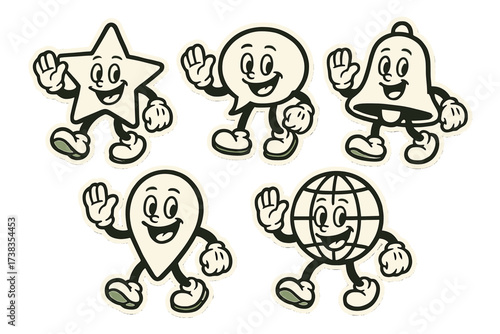 Set of retro cartoon mascot characters. Funny vintage web icon stickers: star, chat bubble, notification bell, location pin, globe. Old comic animation style vector illustration.