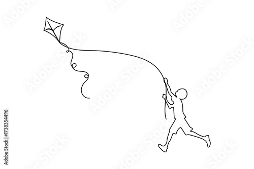 Minimalist one line art of kites flying in the sky with birds and a boy holding string. Simple outline sketch for design, print, and illustration