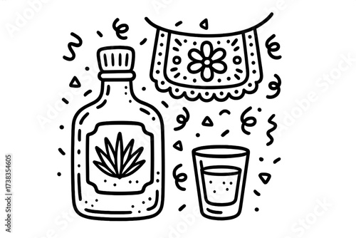 Cinco de Mayo fiesta with tequila bottle, shot glass, and papel picado banner. Mexican party concept. Hand-drawn doodle line art. Isolated black and white vector cartoon.