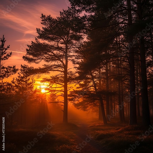 Golden Hour in the Forest - A Serene Sunrise Through the Trees.