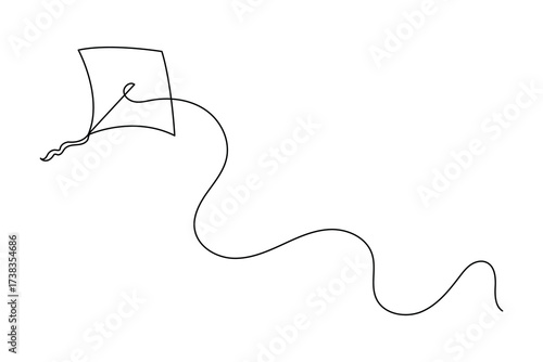 Minimalist one line art of kites flying in the sky with birds and a boy holding string. Simple outline sketch for design, print, and illustration