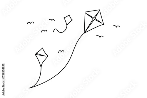 Minimalist one line art of kites flying in the sky with birds and a boy holding string. Simple outline sketch for design, print, and illustration