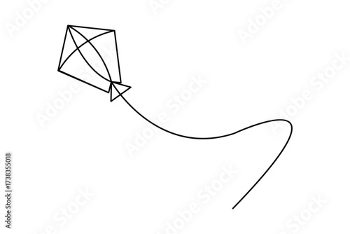 Minimalist one line art of kites flying in the sky with birds and a boy holding string. Simple outline sketch for design, print, and illustration