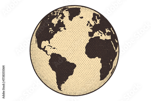 Halftone dotted globe showing Earth map with continents. Vintage vector illustration of North America, South America, Europe, Africa. Retro world planet with Atlantic ocean view.