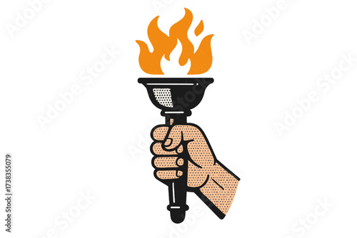 Hand holding a flaming torch. Symbol of victory, success, freedom and hope. Metaphor for leadership, achievement, and knowledge. Retro halftone vector illustration for design.