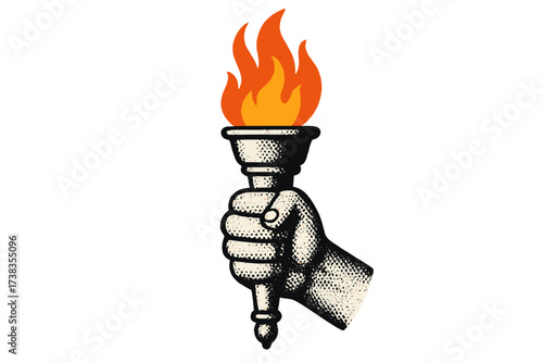 Hand holding a flaming torch, a symbol of liberty, freedom, revolution, and hope. Concept for victory, success, knowledge, and the Olympic games. Retro halftone vector illustration.