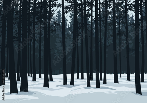 Dense Forest in Winter with Snow-Covered Ground Vector Illustration.