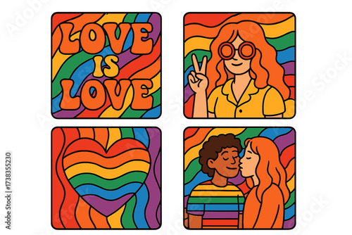 LGBT Pride Month banners collection. Groovy retro 70s style templates with queer slogans. Rainbow colors, love is love, diverse couple, peace sign. Vector illustration set.