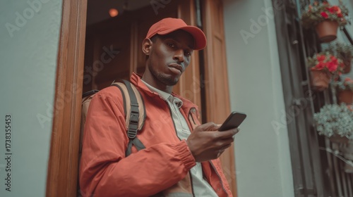 Casual man using smartphone urban environment lifestyle photography sidewalk youth culture