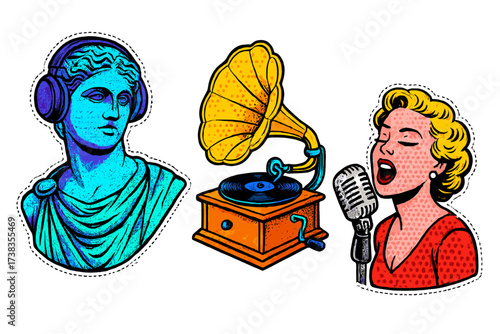 Retro music pop art collage. Antique statue with headphones, vintage gramophone and singer. Psychedelic 80s 90s halftone comic style elements for club poster or magazine.