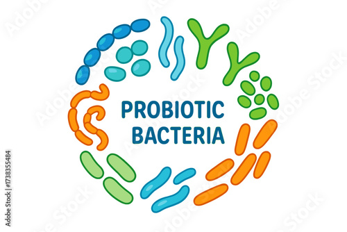Probiotic bacteria vector icon set. Gut microbiota and microbiome science concept. Healthy digestive flora with lactobacillus, bifidobacteria. Prebiotic food supplement illustration.