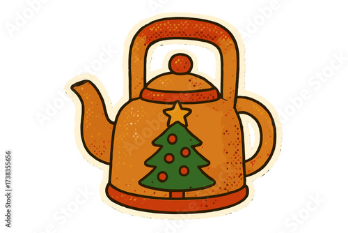 Retro kettle with Christmas tree design. Torn paper sticker in naive halftone collage style. Vector vintage cartoon illustration. Festive holiday teapot element for decoration.