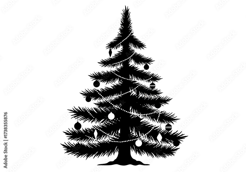 Fototapeta premium Decorated Christmas Tree Silhouette with Ornaments and Garland.