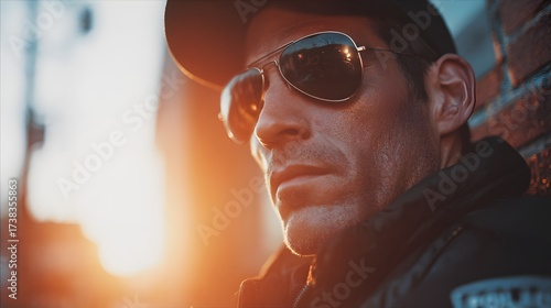 Thoughtful Man in Sunglasses at Sunset Against Urban Background