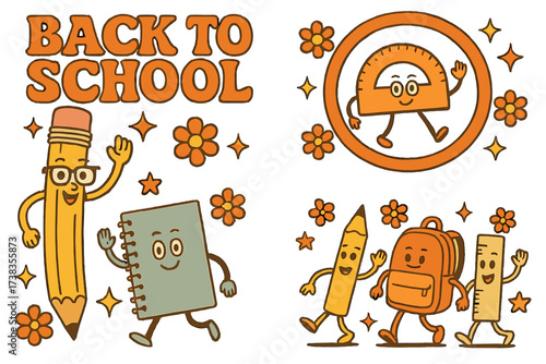 Groovy Back to School vector set. Retro 70s stationery characters. Hippie cartoon mascot sticker pack with pencil, notebook, ruler for kids party invitation poster design.
