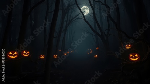 Eerie halloween forest with glowing pumpkins and a bright full moon above