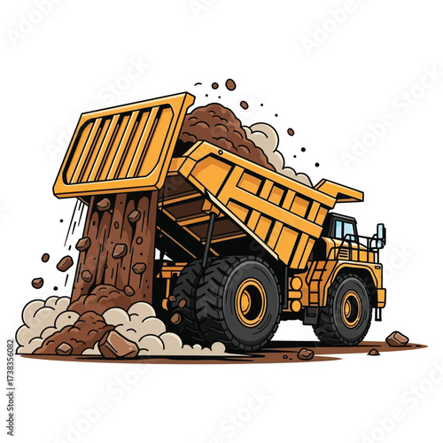 Massive yellow dump truck unloading dirt and rocks creating a powerful industrial scene