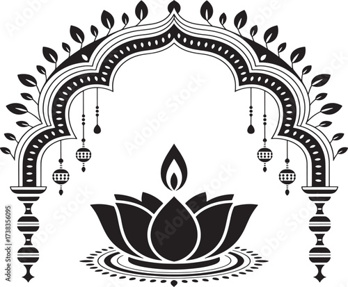 Diptych Lotus Flower Illustration With Archway And Decorative Elements