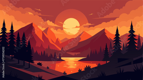 As the sun sets behind the mountains the glimmering lakes of the boreal forest take on a fiery orange hue captivating all who witness it.