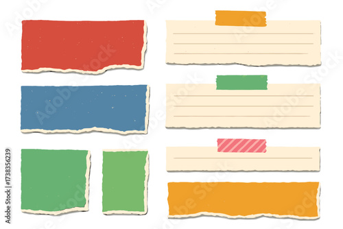 Torn paper vector set. Colorful ripped paper scraps and notebook strips with washi tape. Hand drawn textured illustration elements for collage, notes, and scrapbook design.