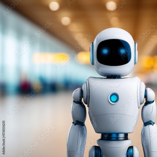 Robot standing in airport terminal with passengers and baggage in background, futuristic travel concept