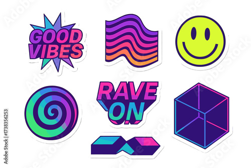 Set of trendy retro futuristic stickers. Y2K rave culture elements with neon colors. Good vibes quote, smiley face, geometric shapes. 90s acid house party vector design pack.