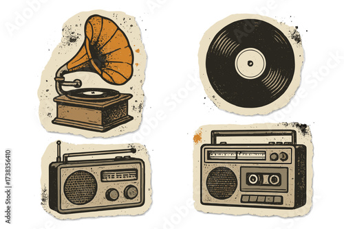 Vector set of vintage music players. Retro evolution of audio technology with gramophone, vinyl record, radio, and tape recorder. Grunge halftone sticker collage elements.