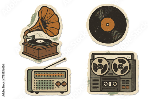 Evolution of music players vector icon set. Gramophone, vinyl record, radio, tape recorder. Retro audio technology collage elements. Grunge torn paper sticker style.