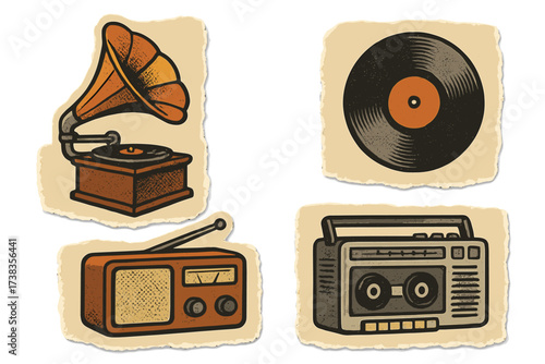 Vintage music technology collection. Gramophone, vinyl record, radio, cassette player icon set. Retro cartoon sticker pack with torn paper and halftone grunge effect.