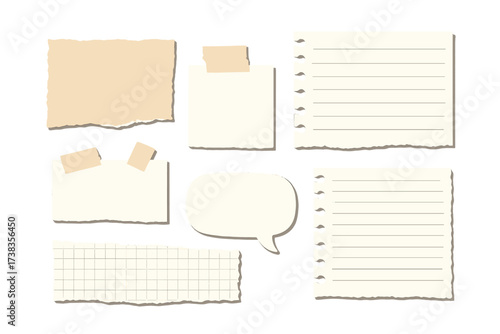 Scrapbook collage kit with torn paper scraps. Realistic vector set of ripped notebook sheets, grid paper, note with tape, memo sticker, beige blank message speech bubble.