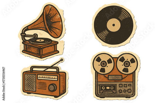 Retro music player sticker set vector illustration. Vintage audio tech evolution concept with gramophone, vinyl record, radio, and reel-to-reel tape recorder icons. Grunge collage.