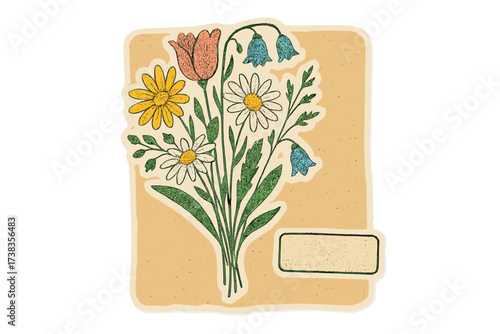 Mothers day greeting card with flower bouquet. Retro floral illustration. Vintage paper clipping sticker collage. Halftone dot texture. Wild spring flowers design element.