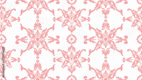 Elegant pink damask pattern on white background, perfect for vintage-themed textiles, wallpapers, and invitations with a classic ornamental touch.