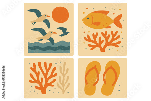 Vintage summer beach concept poster set. Naive abstract prints. Hand drawn bird, fish, coral, flip flops. Summer holiday, sea theme, vacation travel illustration collection.