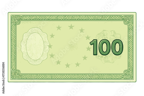Voucher template banknote for 100 units. Green gift certificate or coupon with guilloche pattern, watermarks, and border. Money design for currency, note, or check vector.