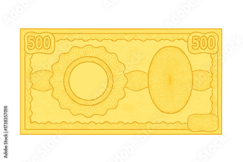 Blank 500 banknote template. Golden gift voucher or coupon with secure guilloche pattern and watermark. Money design concept for currency, check, official certificate or diploma.