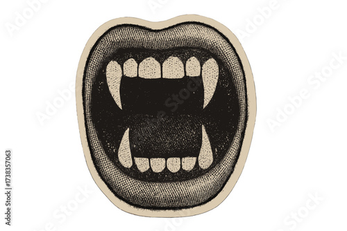 Open vampire mouth with fangs. Halloween horror monster concept. Halftone mixed media collage paper sticker. Dotted vintage vector illustration in 90s zine paper style.