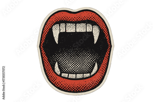 Widely open vampire mouth with fangs. Halloween halftone mixed media collage paper sticker. Dotted vintage illustration in 90s zine paper piece style. Vector monster cartoon.