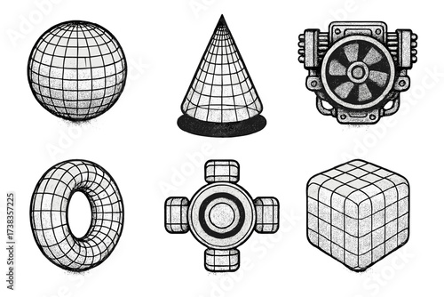 Set of 3D wireframe geometric shapes. Retrofuturistic cyberpunk forms. Sci-fi hologram technical drawing. Abstract mechanism, engine blueprint. Halftone futuristic icons.