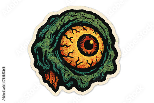 Zombie eye vector illustration for Halloween. Creepy monster eyeball sticker in a vintage, retro 90s zine and halftone collage style. Spooky, horror, grunge paper texture.