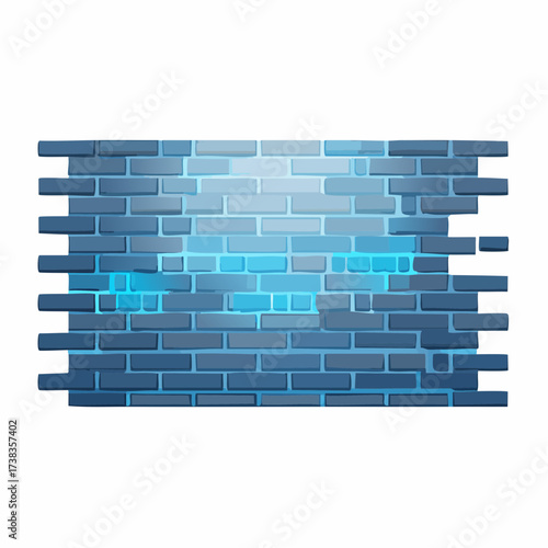 Blue Brick Wall Texture with Glowing Cracks Isolated on White Background
