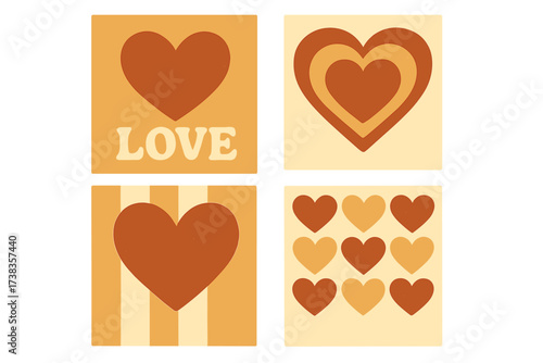 Set of four romantic vintage square cards. Groovy retro aesthetic with hearts, stripes, and the word LOVE. 60s 70s style flat vector illustration for Valentine's Day.